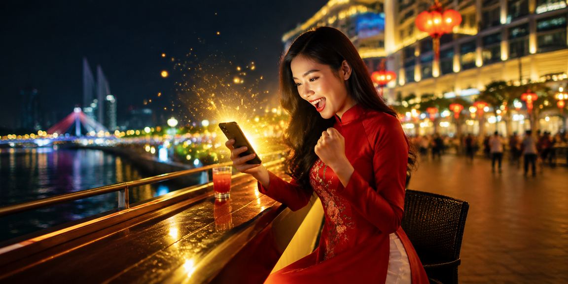 Người dùng Đà Nẵng theo dõi kèo thể thao trên điện thoại với trang phục áo dài